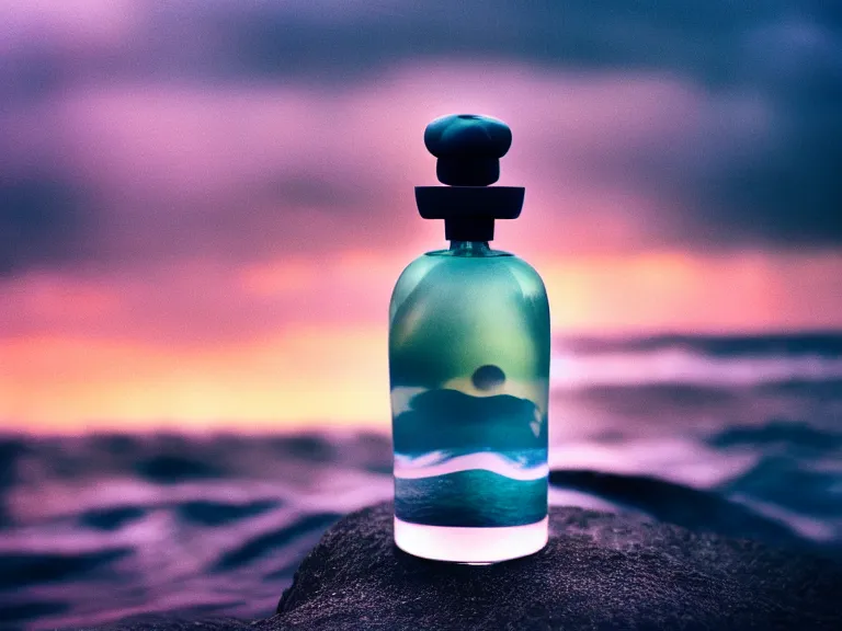 Prompt: cinestill 5 0 d surreal photography of perfume bottle emerging from swirling ocean waves and marmelade sunset sky / 4 style of nicholas fols, 2 0 0 mm, mute dramatic colours, soft blur outdoor stormy sea background, volumetric lighting, hyperdetailed, hyperrealistic