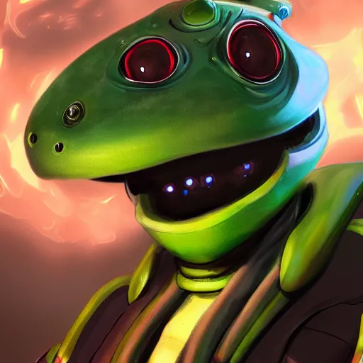 Prompt: character design portrait, of a cyborg frog like alien space pilot, artstation, concept art, 3 d render,