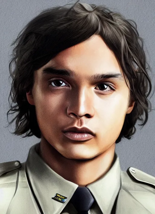 Prompt: teenage frank dillane in a police uniform, realistic, detailed, trending on artstation