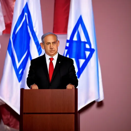 Image similar to photograph of Benjamin Netanyahu giving a speech while bodyguards wearing suits and medical masks are standing behind him ,a podium is in front of him, cinematic lighting, official media, HQ, 4K, news photography