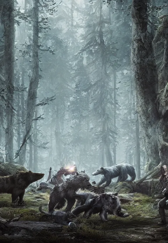 Prompt: a party of adventurers are attacked by a dire wolf and a bear in a forest glade, digital art, greg rutkowski, junji ito, unreal engine, octane render, cinematic lighting, highly detailed