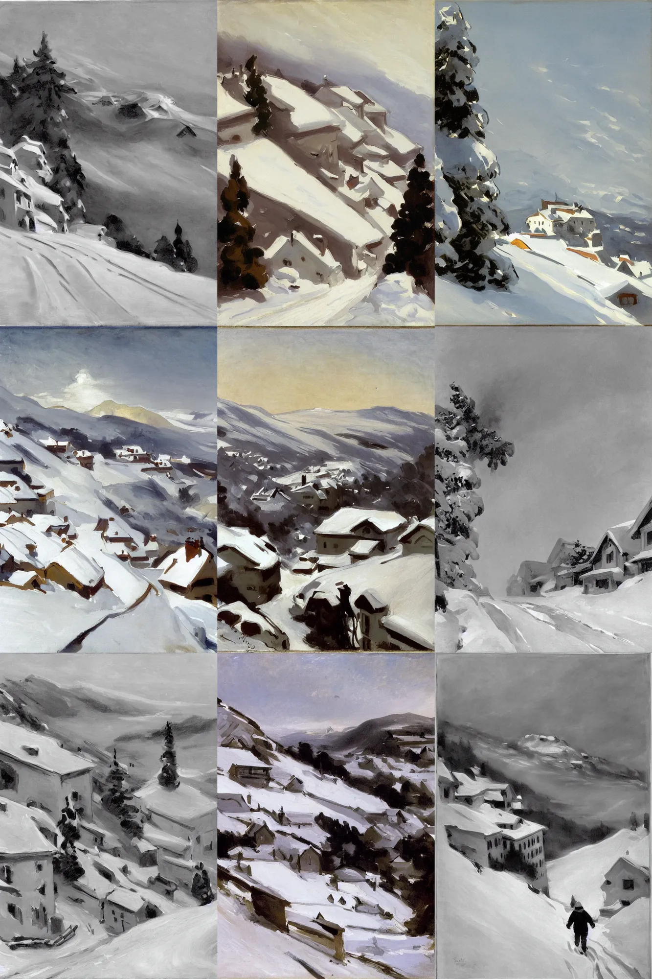 Prompt: steep narrow snow - covered hill with several houses with snow - covered roofs and a steep snow - covered road, pure white hazy overcast sky, view up from the foot of the hill, shallow perspective, low angle, by john singer sargent