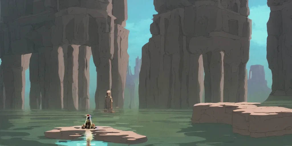 Prompt: a realistic cell - shaded studio ghibli concept art from paprika ( 2 0 0 6 ) of a flying intelligent dull mechanical octopus from close encounters of the third kind ( 1 9 7 7 ) in a flooded monument valley stonehenge. a monk in a robe is meditating in the foreground. very dull colors, wide shot, hd, 4 k, hq