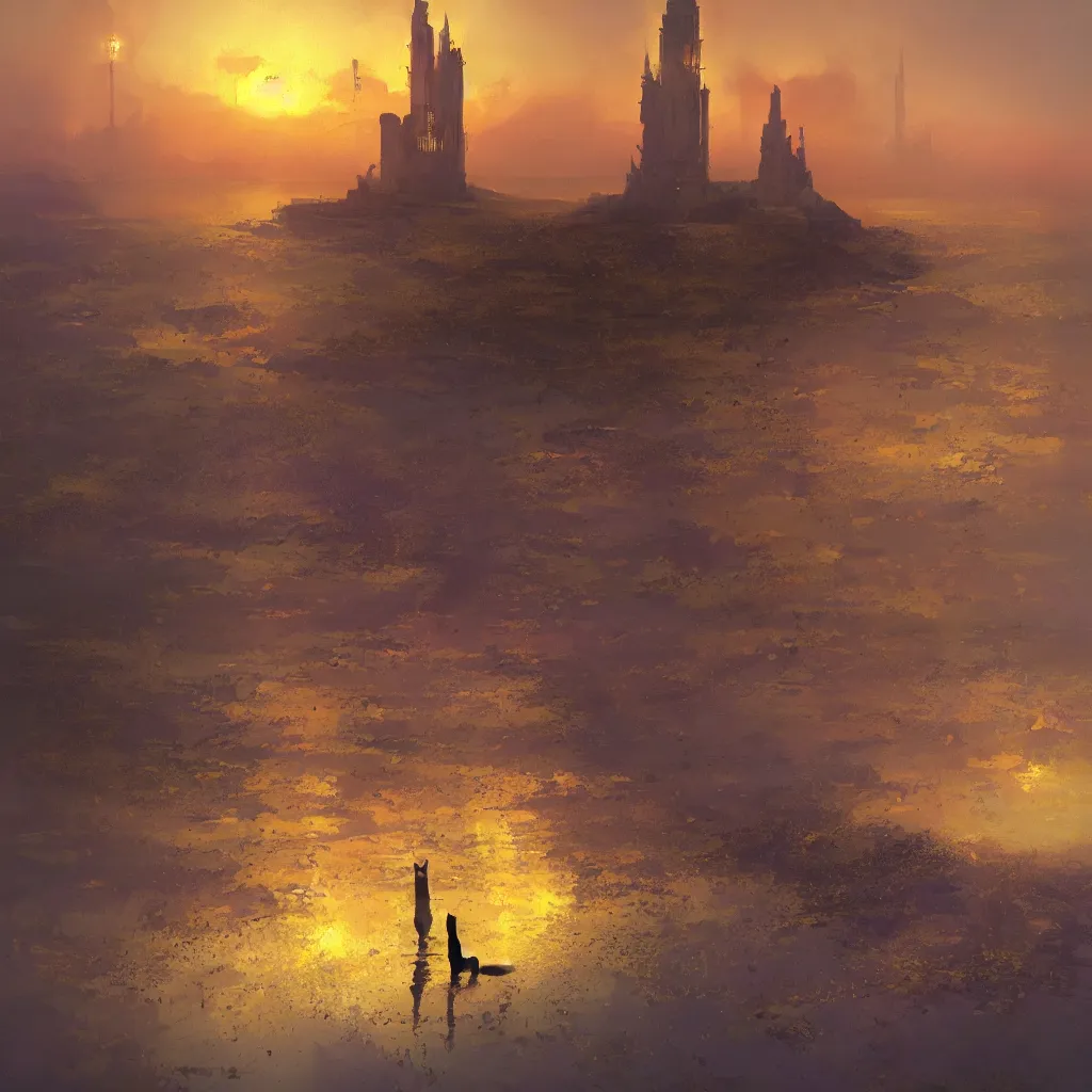 Image similar to lake filed with molten gold, volume lighting, cat on for ground and purple tower on back ground concept art, by greg rutkowski