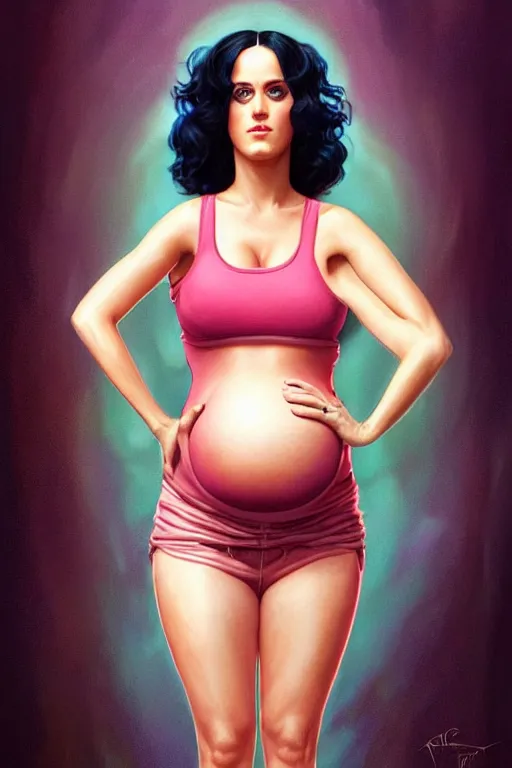 Image similar to pregnant katy perry in workout clothes, realistic portrait, symmetrical, highly detailed, digital painting, artstation, concept art, smooth, sharp focus, illustration, cinematic lighting, art by artgerm and greg rutkowski and alphonse mucha