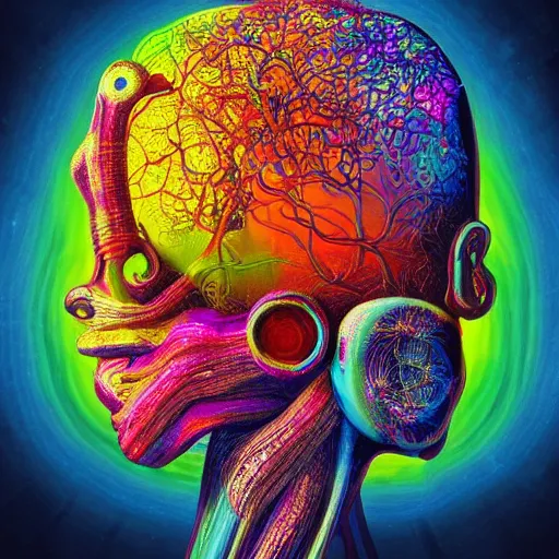 Prompt: a psychedelic ultrarealistic vibrant painting with almost symbolic and chemical details of the living brain of the american neurologist expert in robotics and neurophysics who was born in kansas city, missouri on february 1 9, 1 9 1 0, surreal conceptual neural work art, cinematic octane render dystopian and utopic art at the same time