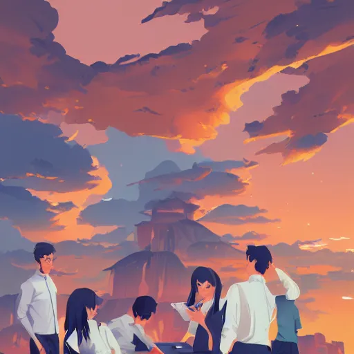 Image similar to team of sap employees in the office performing a due diligence to a startup based in italy. photoshop filter cutout vector behance hd by jesper ejsing, by rhads, makoto shinkai and lois van baarle, ilya kuvshinov, rossdraws, illustration, art by ilya kuvshinov