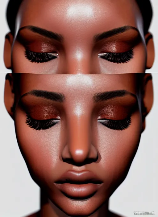 Image similar to beautiful female, attractive facial features, brown skin, haze, model, intricate, symmetrical face, makeup, sephora, maybelline, studio, reflections, cinematic, filmic, vsco, concept art, artstation, elegant, model, gorgeous, vray, flim, octane render, ambient occlusion, prism details
