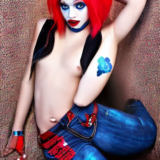 Prompt: harley quinn modeling for magazine, jeans, pop star, beautiful, high quality,