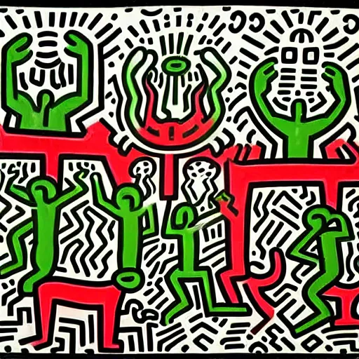 Image similar to garden of early delights painted by keith haring