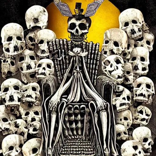 Prompt: the queen bee sits on a throne made of human skulls and bones. folk horror style art.