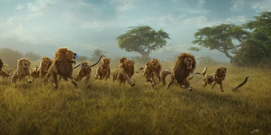 Prompt: a pack of dogs with lion ears and tails running through the savanna, fantasy, epic scene, illustration, trending on artstation, photoreal