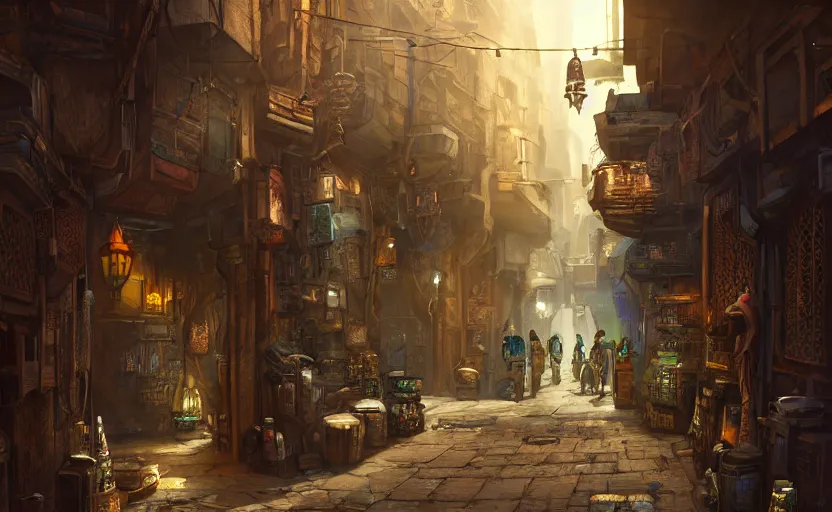 Image similar to cyberpunk medieval middle east alleyway, arabic, persian, dawn, market, little spice shops, technology, bazaar, steam punk, unreal engine 5, trending on art station, in the style of Pixar