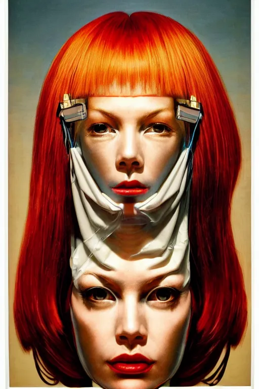 Image similar to cyborg head wrapped in plastic bags by Hajime Sorayama and Artemisia Gentileschi, centered, symmetrical, led, red, bilateral symmetry, third person, 70s poster, polished, lightning, retro dark vintage sci-fi, 2D matte illustration