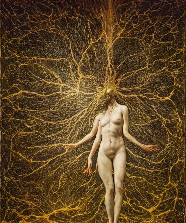 Prompt: Beautiful full-body wax sculpture of a glowing transparent infinite plant with women faces as leaves with visible gold bones covered with melted white wax inside the singularity where stars becoming baroque folds of dark matter by Michelangelo da Caravaggio, Nicola Samori, William Blake, Alex Grey and Beksinski, dramatic volumetric lighting, highly detailed oil painting, 8k, masterpiece