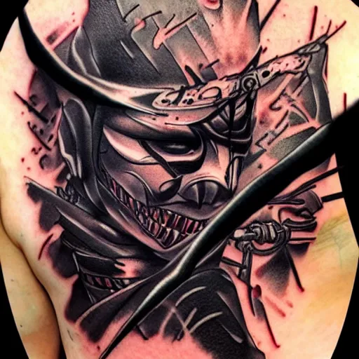 Image similar to demonic ninja, tattoo of tokyo ghoul, detailed tattoo design, design by francesco ferrara, dr. lakra, instagram, yoji shinkawa