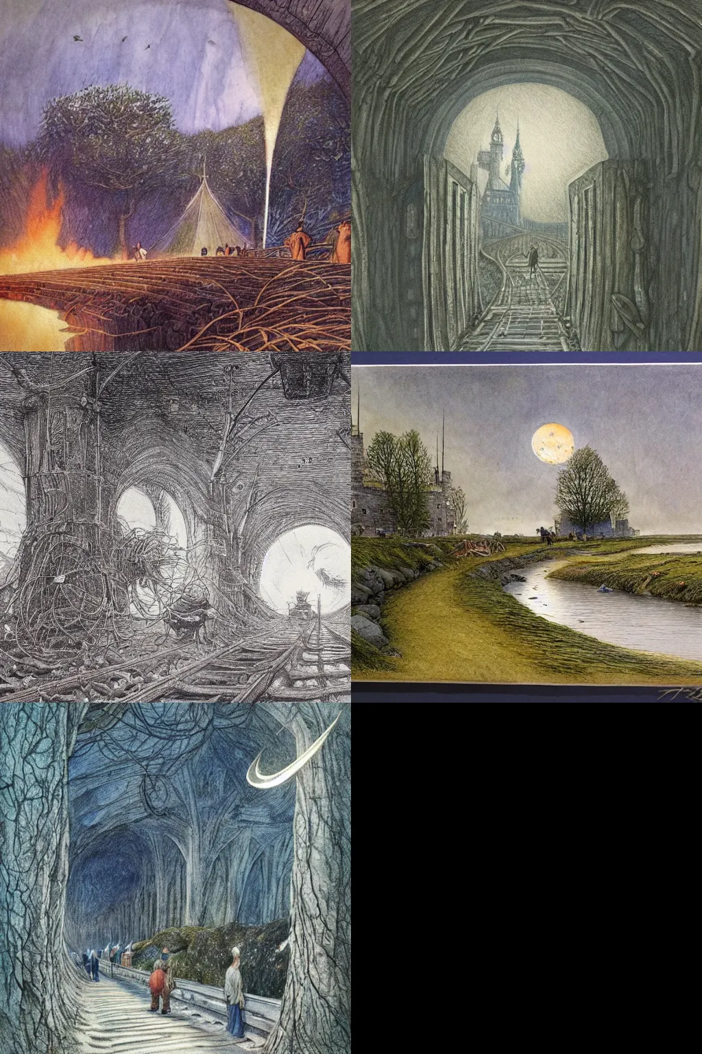 Prompt: Alan Lee illustration of 🌌🪐🛤️🏰🌲🔥🍤🦀