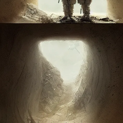 Prompt: two soldiers hiding in an bunker, Matte painting , detailed painting, greg rutkowski