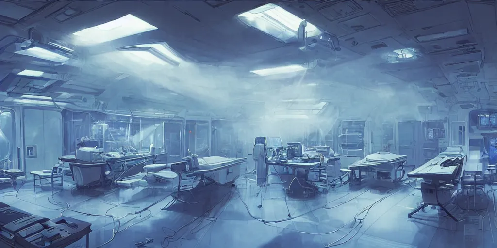 Prompt: spaceship medic room , mysterious laboratory, thick blue mist, low ceiling, cables hanging from ceiling, thick cables on ground, god rays of light, huge computer screens, neons, saturated top light , epic scene, scifi, illustration, art by Juan Giménez and moebius