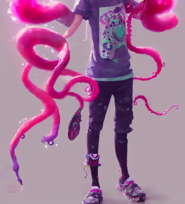 Image similar to a beautiful fullbody portrait of a cute splatoon anime boy with pink tentacle hair wearing tshirt leggings under shorts. character design by cory loftis, fenghua zhong, ryohei hase, ismail inceoglu and ruan jia. artstation, volumetric light, detailed, photorealistic, fantasy, rendered in octane