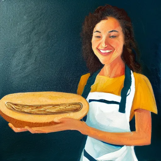 Image similar to modern oil painting of a happy woman with dark curly hair making sourdough in a bright kitchen