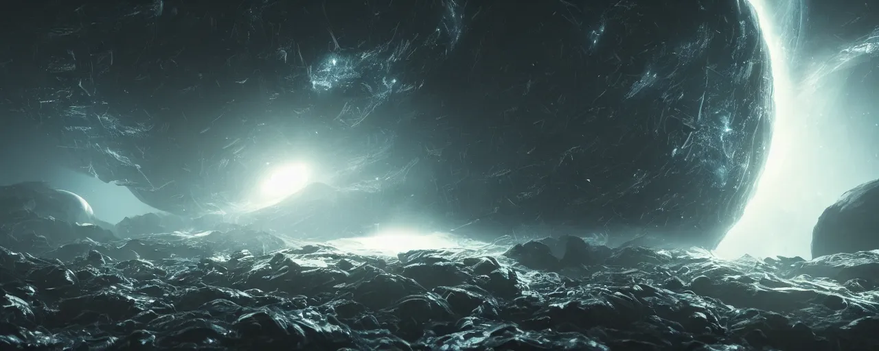 Image similar to a highly detailed dark epic swirling galaxy, space scene, dark scifi, unreal engine, octane render, detailed and intricate, global illumination, volumetric lighting