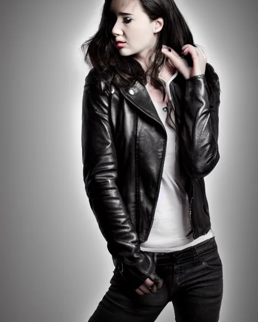 Image similar to young woman in her 20s, she wears a leather jacket and knee high boots, full body portrait, taken by a nikon, very detailed face