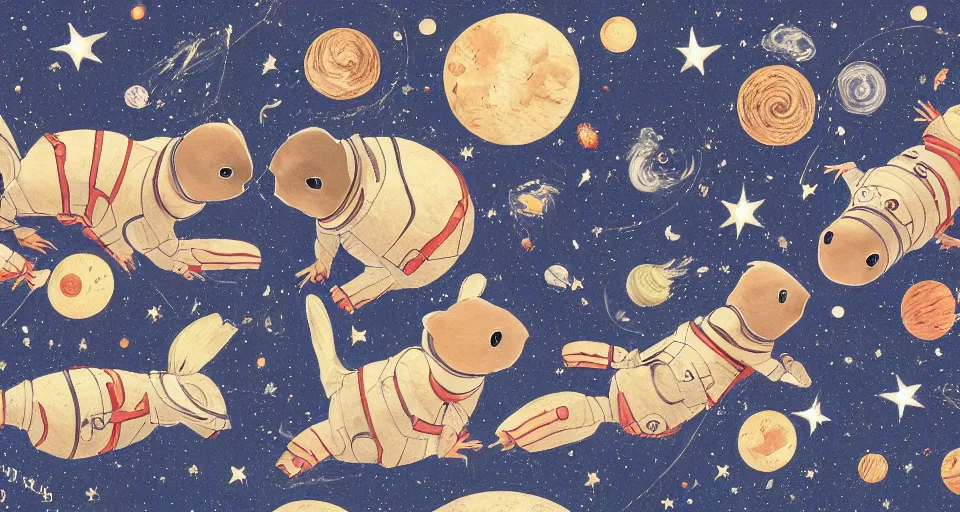 Image similar to back view of baby guineapigs on the cover of vogue magazine flying in space suits, deep dark universe, twinkling and spiral nubela, warmhole, beautiful stars, 4 k, 8 k, by hokusai, samurai man vagabond, detailed, editorial illustration, matte print, concept art, ink style, sketch, digital 2 d