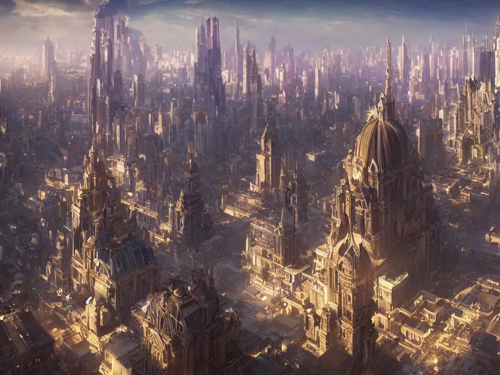 Image similar to big iridescent city with a few extremely tall spiking towers, unreal engine 5, art by artgerm and greg rutkowski and alphonse mucha, global illumination, detailed and intricate environment, hyperrealistic, volumetric lighting, epic cinematic shot, perfectly defined features, ambient occlusion