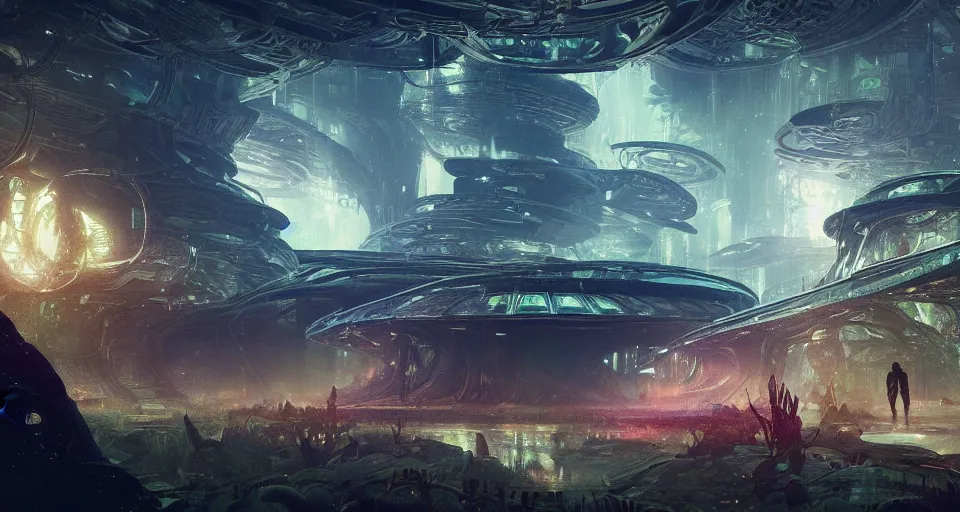 Image similar to Retro futuristic Sci-Fi space forest scene, Giant Aztec spaceship, nebulas swirls, dusk lighting, intricate details ,by denis villeneuve, Ridley Scott, Greg Rutkowski and Alphonse Mucha