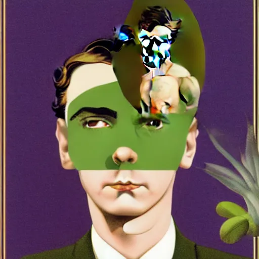 Image similar to Young Spanish man is Super Spy Captain, the Electric Boy, Art by Coles Phillips and Joshua Middleton, socks, Rene Magritte, succulent plants Chalk white skin, deep purple hair, Green eyes, Orange background, Mucha, Portrait of the man, surreal, ,carbon black and antique gold