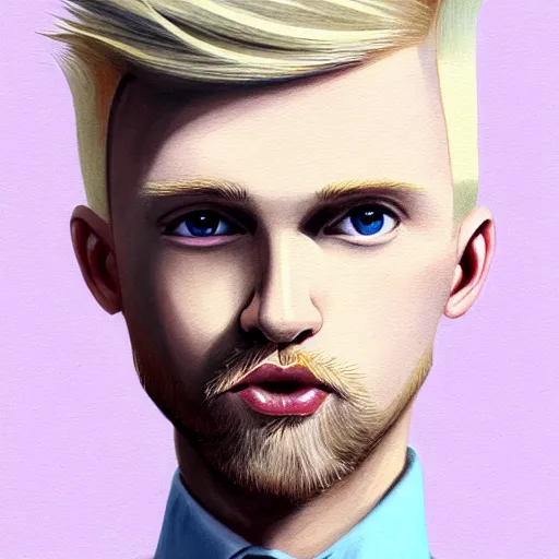 Image similar to thin blond man with blond hair long on top medium down the sides, blond beard, small chin, small nose, thin lips, English heritage, small blue eyes, small ears, pale skin, narrow face, digital art, painterly, cartoon, cute, 8k, illustration, art by loish, painterly, trending on artstation, medium shot, uncropped