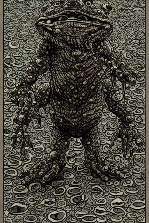 Image similar to humanoid toad warrior, tadpole themed, bog, symmetrical, highly detailed, digital art, sharp focus, trending on art station, kentaro miura manga art style