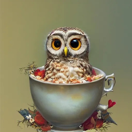 Prompt: long shot of a very cute owl chick nesting in a very romantique cup, by esao andrews, by james jean, marc simonetti, humorous illustration, hyperrealistic, big depth of field, warm colors, night scenery, low light, 3 d octane render, 4 k, conceptart, hyperdetailed, hyperrealistic, trending on artstation