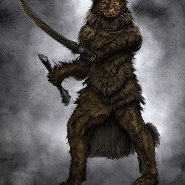 Image similar to khajit tabaxi catfolk humanoid with maine coon features black fur with a scar on the left eye and holding two shortswords cloaked in shadow and wearing hooded leather armor agile, dungeons and dragons, fantasy, tarot card style, high detail, hyper realistic