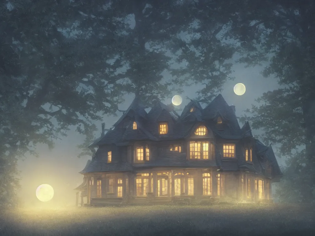 Image similar to A highly detailed matte painting of single house at night, moon, forest, by Studio Ghibli, Makoto Shinkai, by Artgerm, by WLOP, by Greg Rutkowski, volumetric lighting, octane render, 4K resolution, trending on artstation, masterpiece