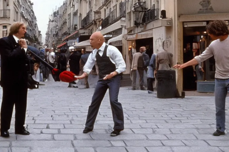 Prompt: owen wilson fighting patrick stewart in rue saint - jacques ( paris ), paul bearer, shot on film