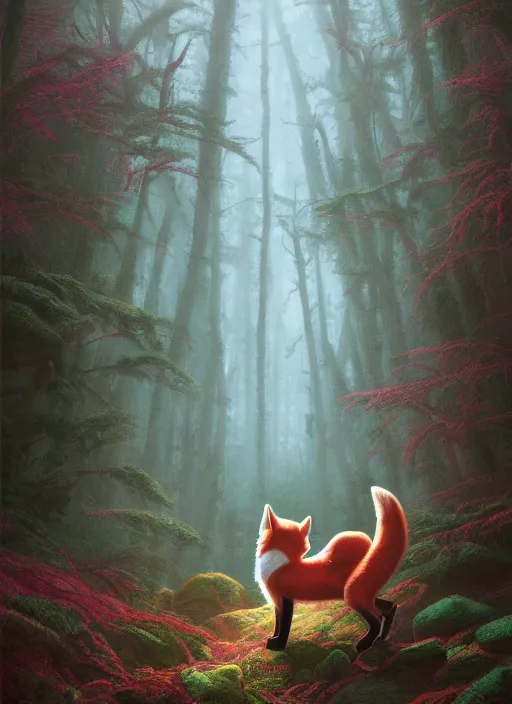 Prompt: Twin Peaks poster artwork by Michael Whelan and Tomer Hanuka, Rendering of a cute fox playing in a fairytale forest, by Makoto Shinkai and thomas kinkade, Matte painting, trending on artstation and unreal engine