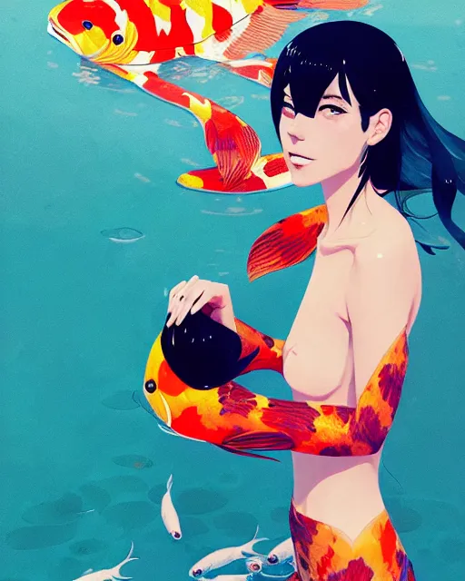 Image similar to a ultradetailed beautiful panting of a stylish woman surrounded by floating koi fish, by conrad roset, greg rutkowski and makoto shinkai, trending on artstation