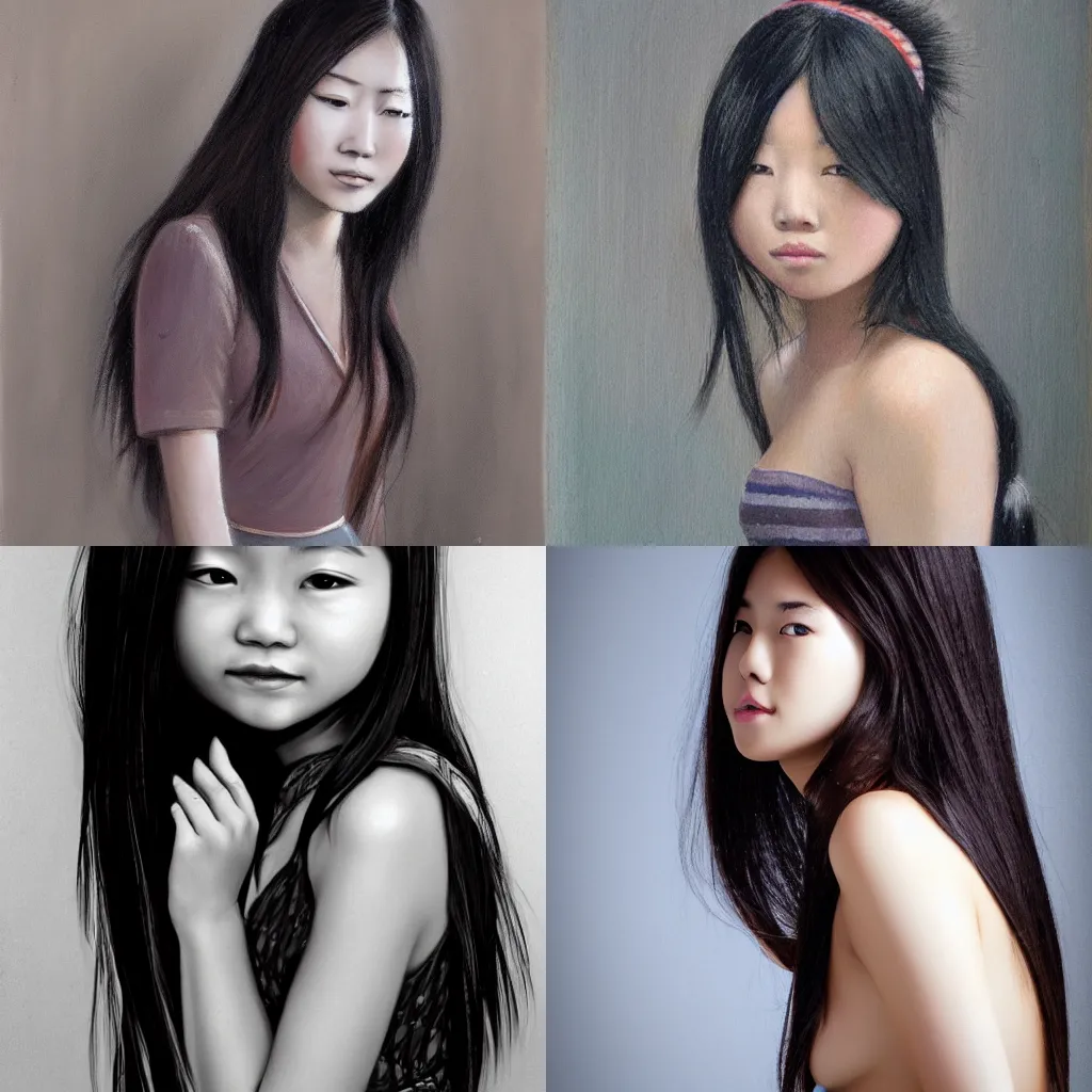 Prompt: asian girl with long hair, by michaek klein