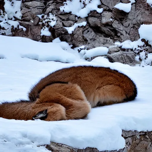 Image similar to fullbody photo still of sleepy fat chubby caracal, lying sleeping on snowy ice, big stomach, fullbody, sunny winter day