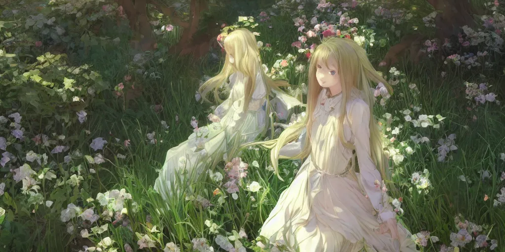 Image similar to a digital art of a loli with long hair in a dress in the privet garden at after noon, green and warm theme, by krenz cushart and mucha and akihito yoshida and greg rutkowski and makoto shinkai, long shot, back lighting, detailed eyes, 4 k resolution, trending on art station