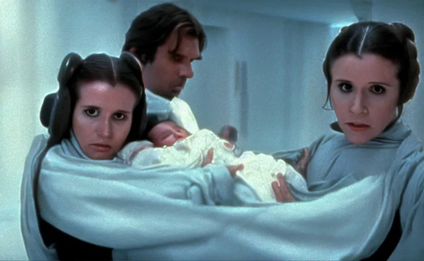 Prompt: screenshot of Princess Leia Organa holding a new born baby in a swaddle, standing next to Han Solo watching with his arms behind his back, pensive, iconic scene from 1980s Star Wars film directed by Ridley Scott, in a sci fi nursing home architecture, last jedi, 4k HD sharp, cinematic still frame, photoreal, detailed face, moody lighting, stunning cinematography, anamorphic lenses, kodak color film stock