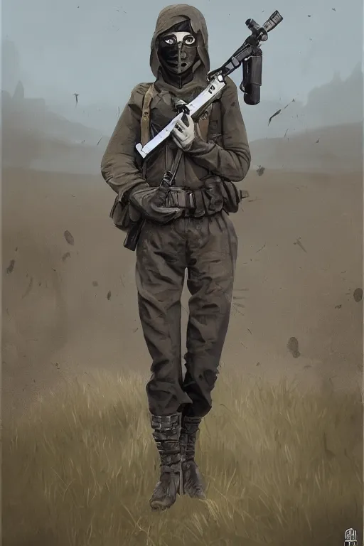 Image similar to ww 2 british sas female masked operative with the standard black uniform and a white porcelain crow mask, artstation, trending on artstation, establishing shot, by simon stalenhag