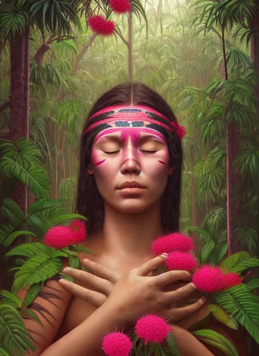 Prompt: a beautiful portrait of a beautiful indigenous woman with eyes closed in the amazon jungle surrounded by pink calliandra angustifolia flowers, face paintings, matte painting, by christophe vacher