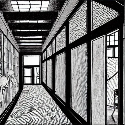 Image similar to a bright white hallway with many doors and stairs full of fungus and mushrooms and rot, Mc Escher architecture, decay, by Junji Ito