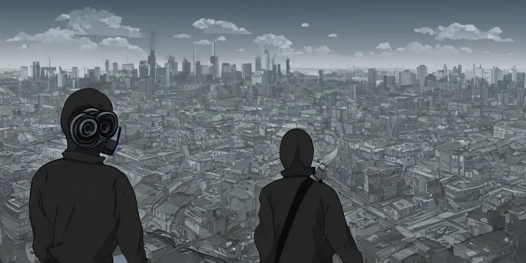 Image similar to A Guy with gas mask on top of a car looking at the city in the distance horizon, Digital art, Anime Style, Cinematic, Stalker Style, Post apocalypse