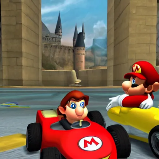 Prompt: Harry Potter in Mario Kart, gameplay screenshot,