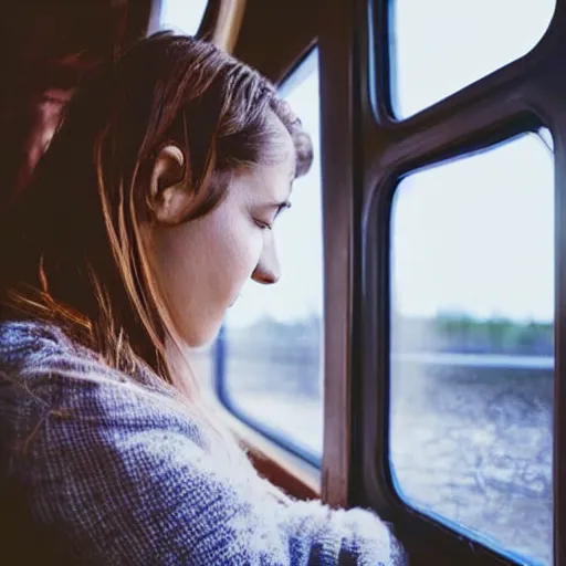 Image similar to a beautiful woman sitting in a train and looking outside of window seeing a milky way