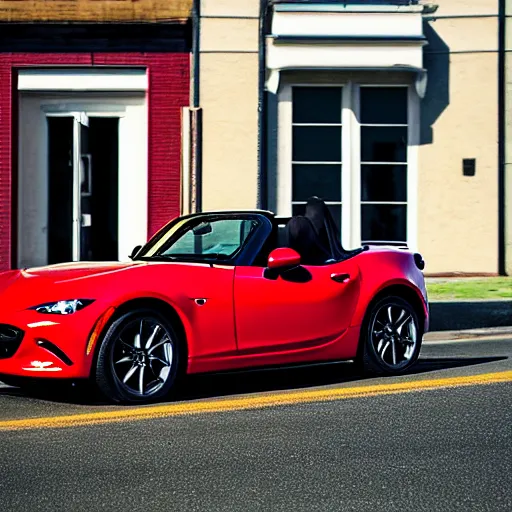 Prompt: 105mm photo of car full view mid distance photograph red Mazda Miata parked on street from 2020